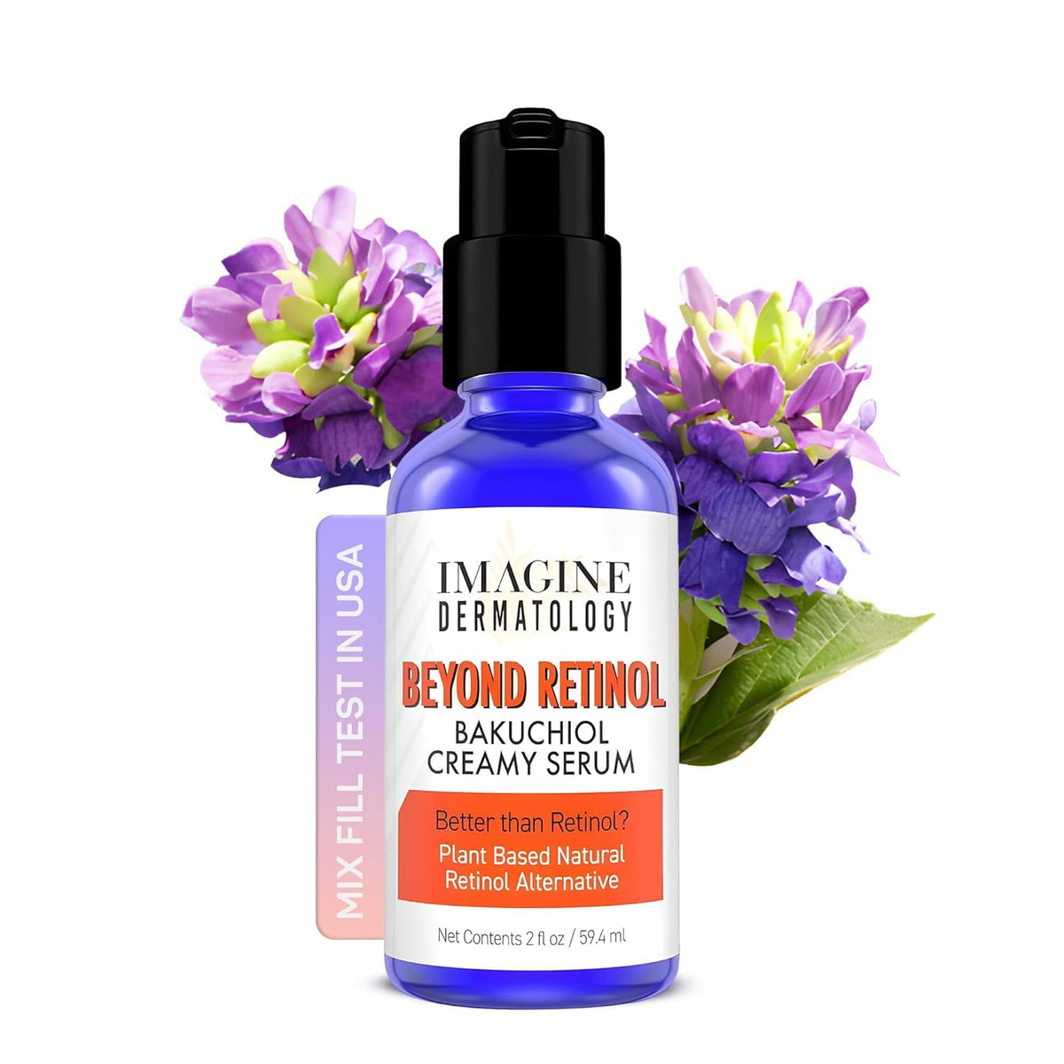 Imagine Dermatology blue glass pump bottle showing product packaging and protected formula