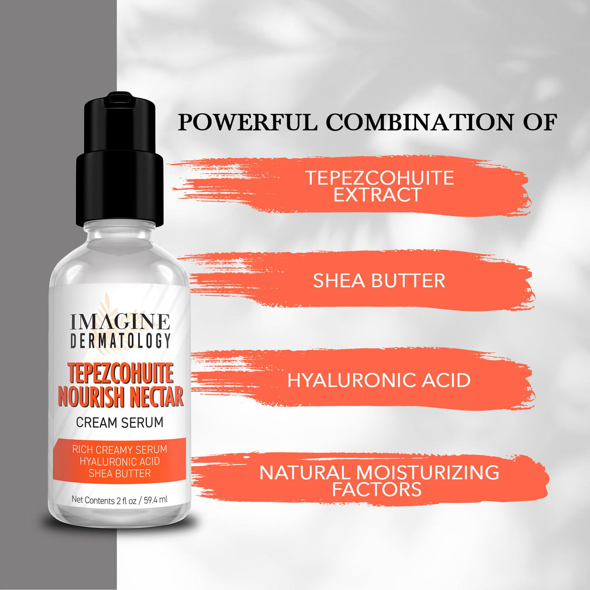Imagine Dermatology ingredients label highlighting tepezcohuite and hyaluronic blend