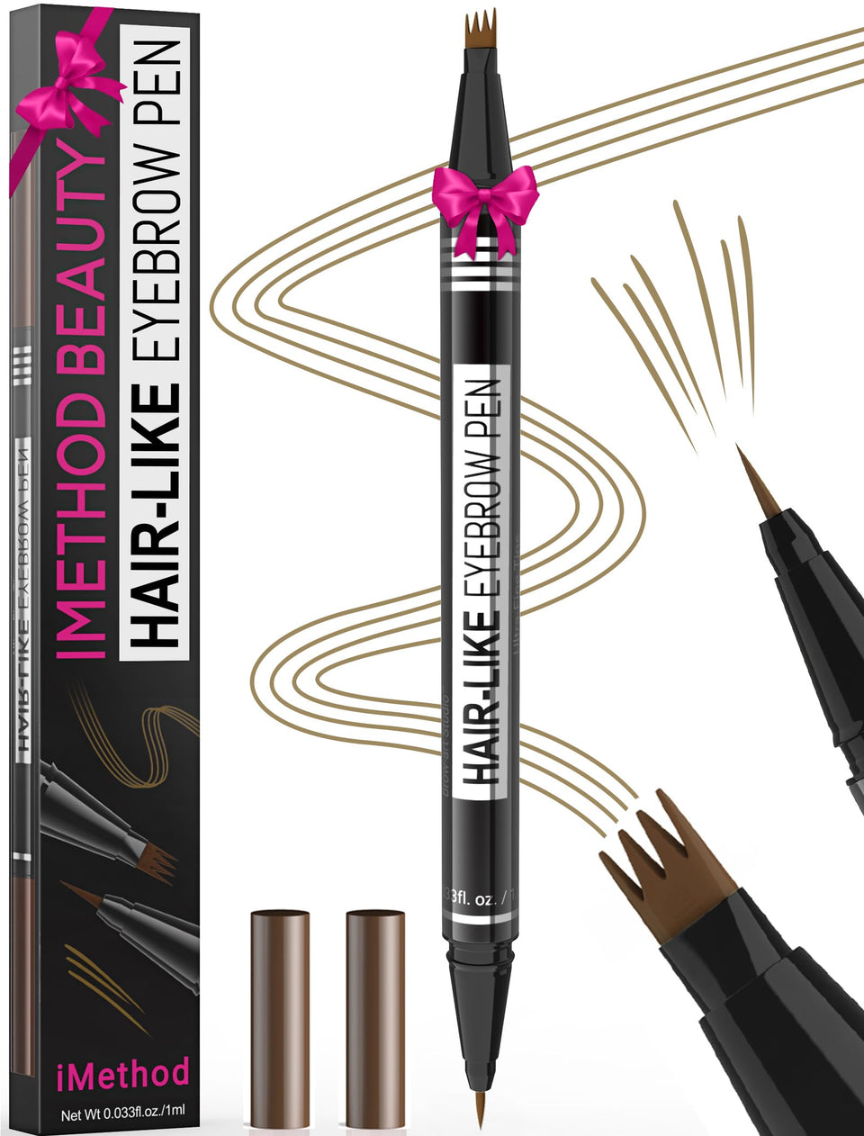 iMethod front view of dual-ended pen showing packaging and compact design benefit