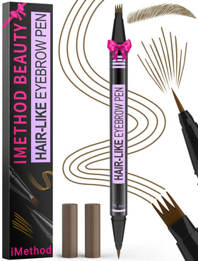 iMethod brow pen front view showing compact packaging and dual tips benefit