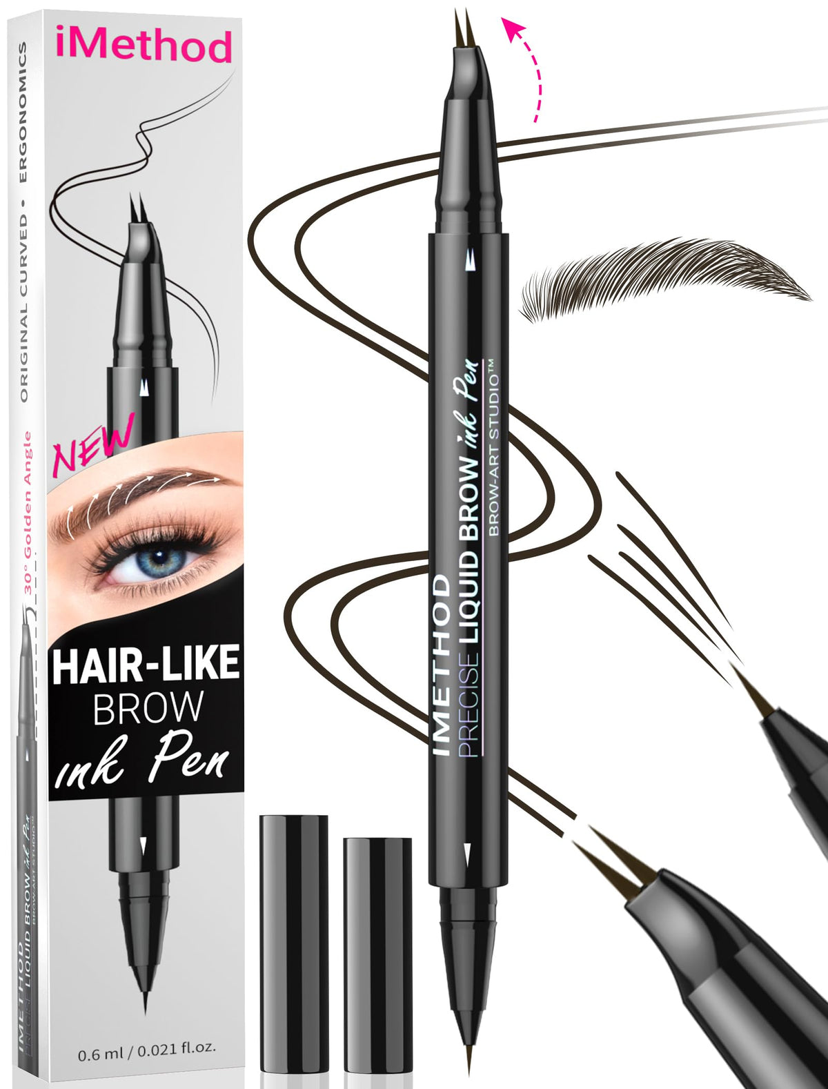 iMethod curved eyebrow pen front view shows compact design and dual-ended convenience