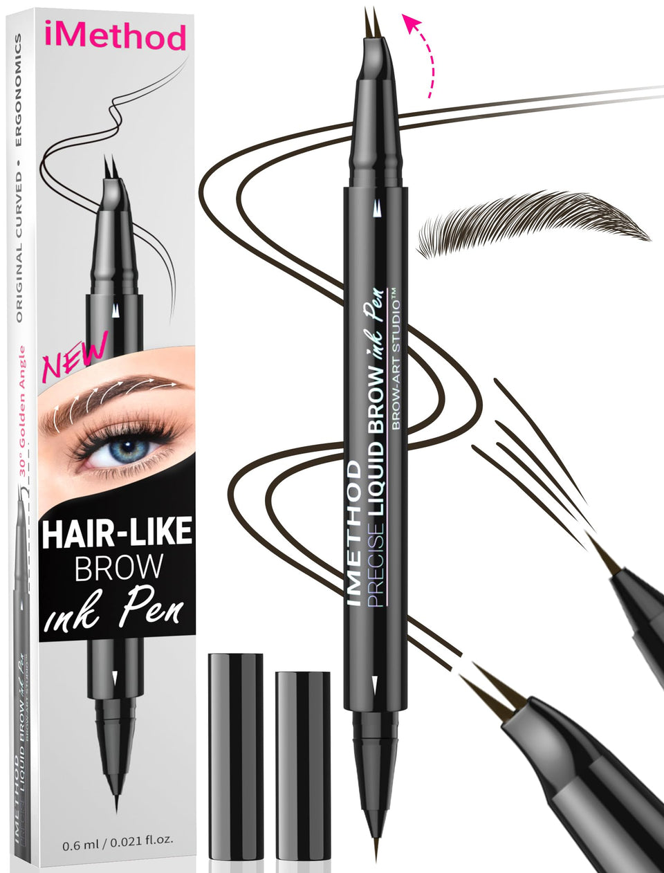 iMethod curved eyebrow pen front view shows compact design and dual-ended convenience