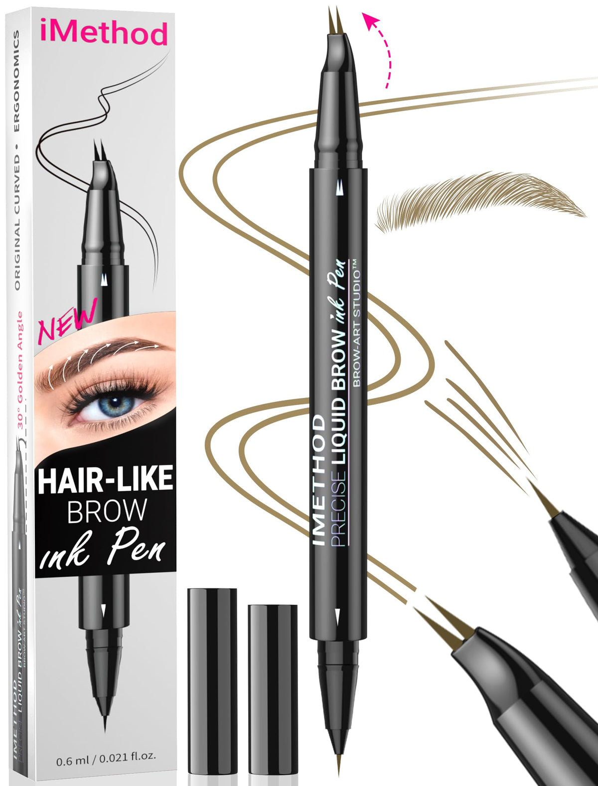 iMethod curved eyebrow pen front view showing dual-ended design and Light Brown shade benefit natural brows