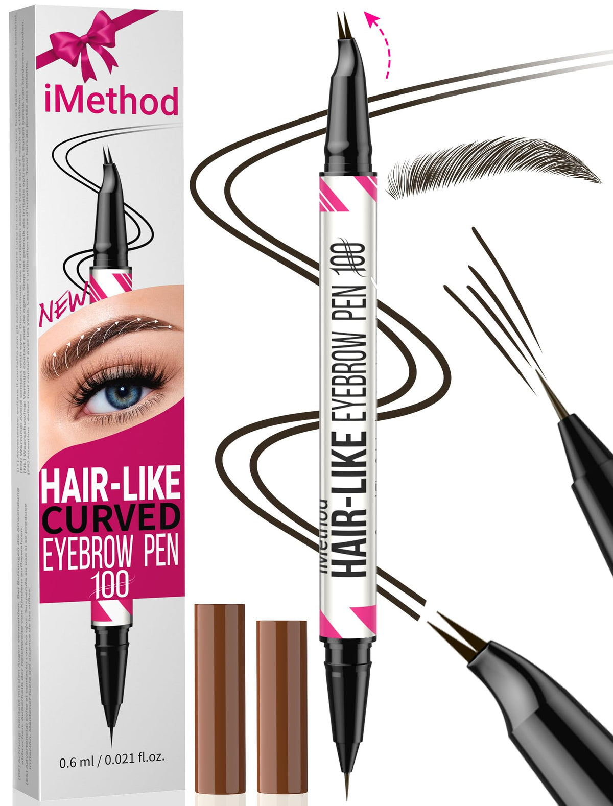 iMethod curved eyebrow pen front view showing dual-ended design and compact size for convenience