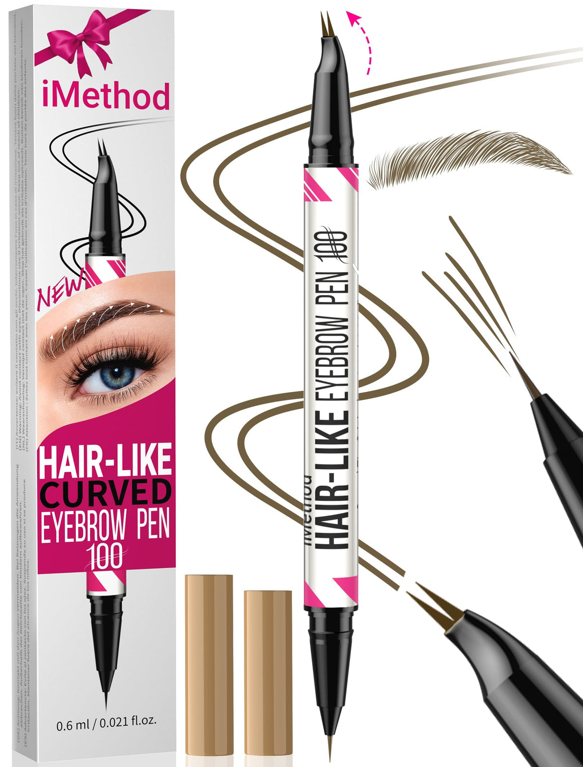iMethod curved eyebrow pen front view showing compact dual-ended design and easy carry