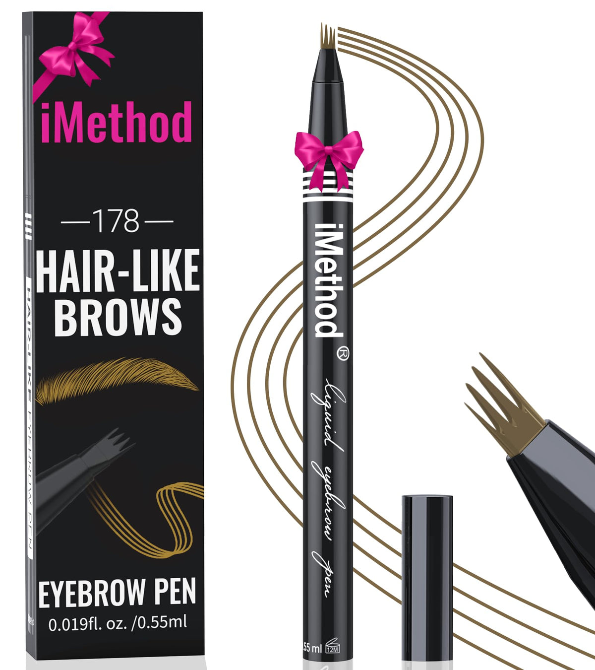 iMethod eyebrow pen front view showing slim brown barrel and label for easy storage