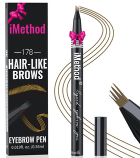 iMethod eyebrow pen front view showing slim brown barrel and label for easy storage