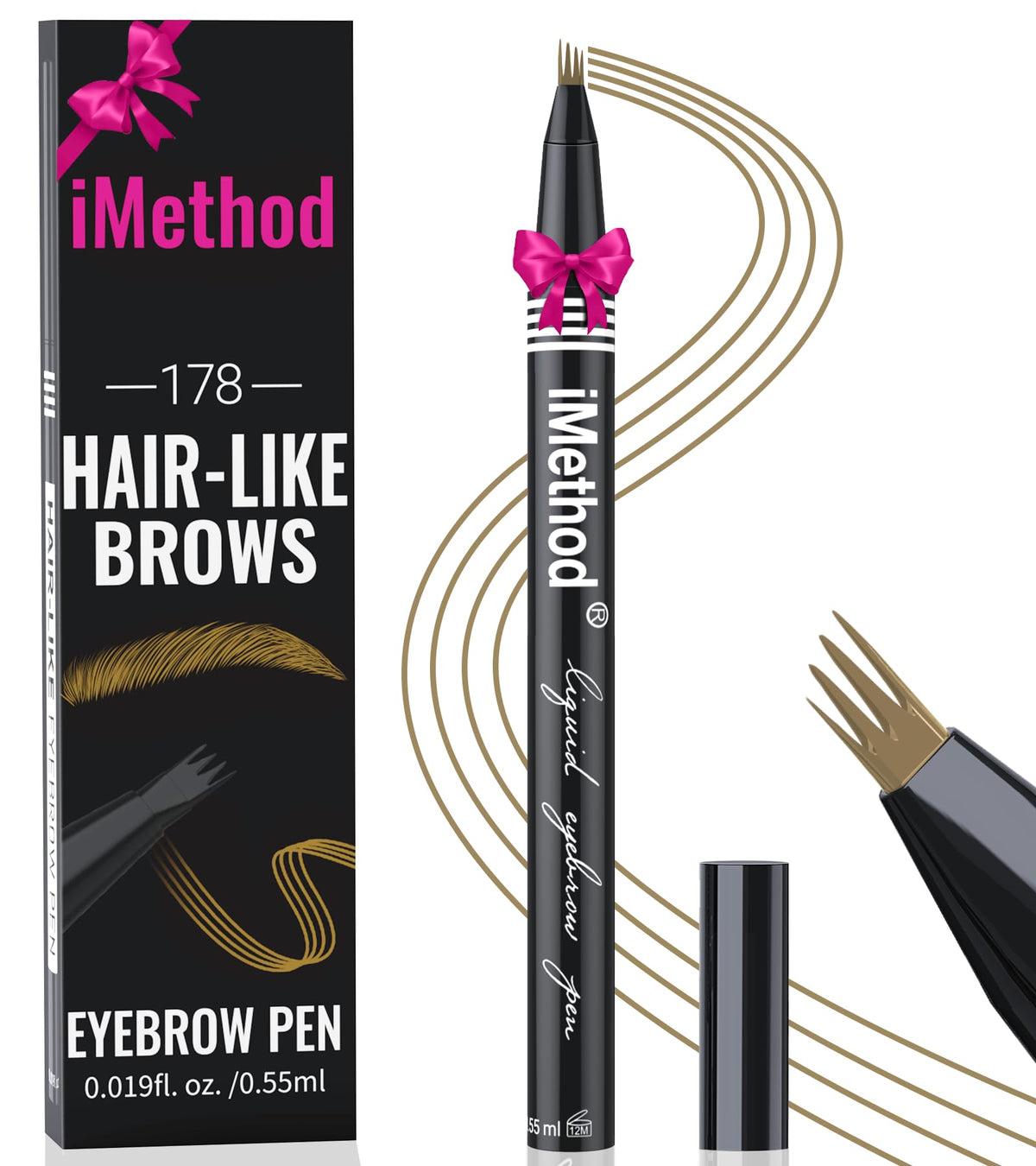 iMethod eyebrow pen front packaging showing branding and light brown shade benefit precise brows