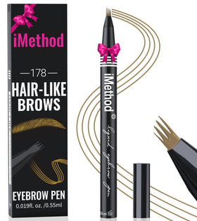 iMethod eyebrow pen front packaging showing branding and light brown shade benefit precise brows
