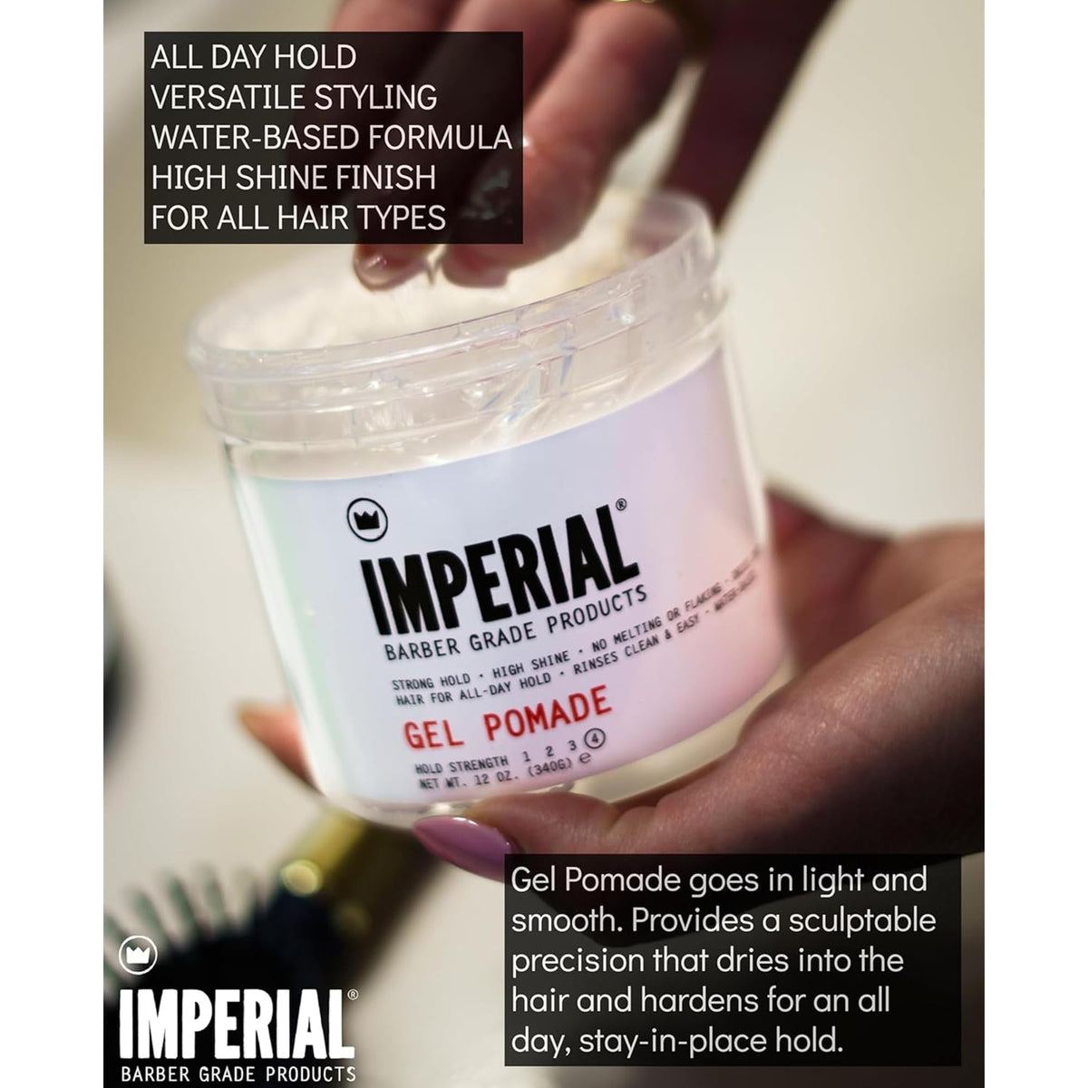 Imperial Barber Gel Pomade 12 oz label detail displaying ingredients and hold