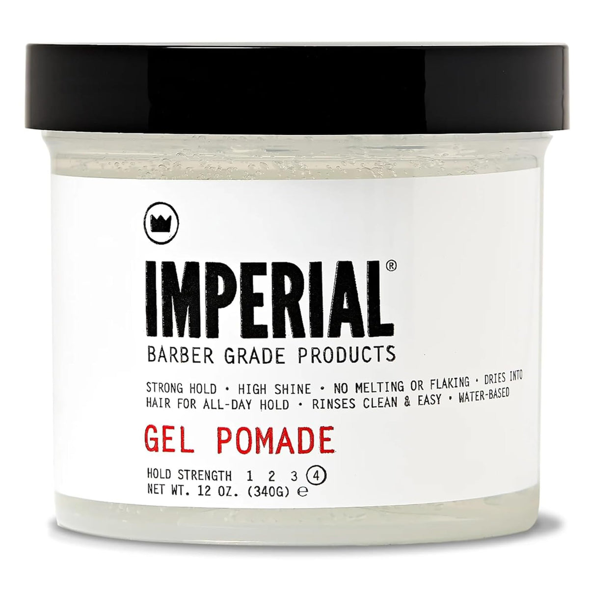 Imperial Barber Gel Pomade jar front view showing label and size benefit hold