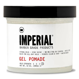 Imperial Barber Gel Pomade jar front view showing label and size benefit hold