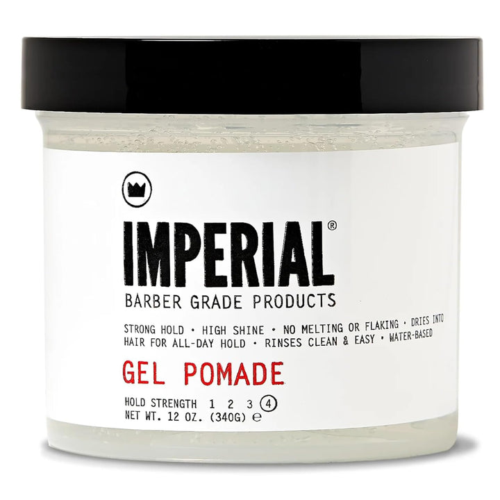 Imperial Barber Gel Pomade jar front view showing label and size benefit hold
