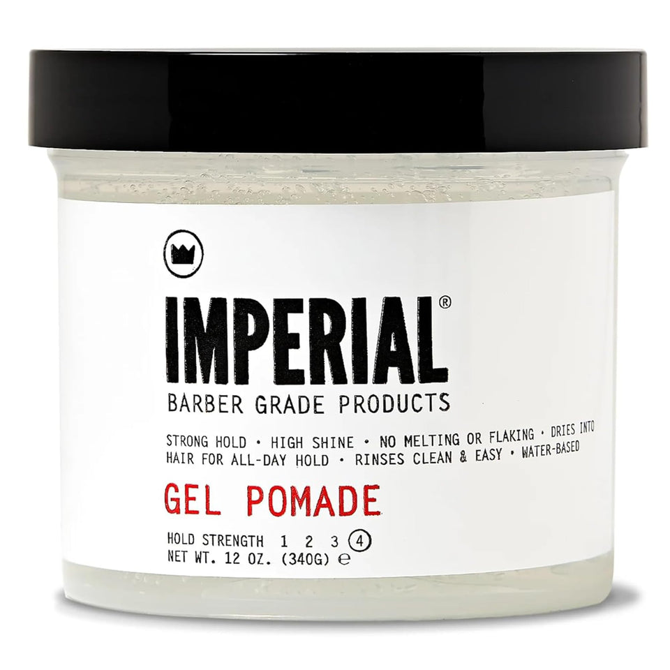 Imperial Barber Gel Pomade jar front view showing label and size benefit hold