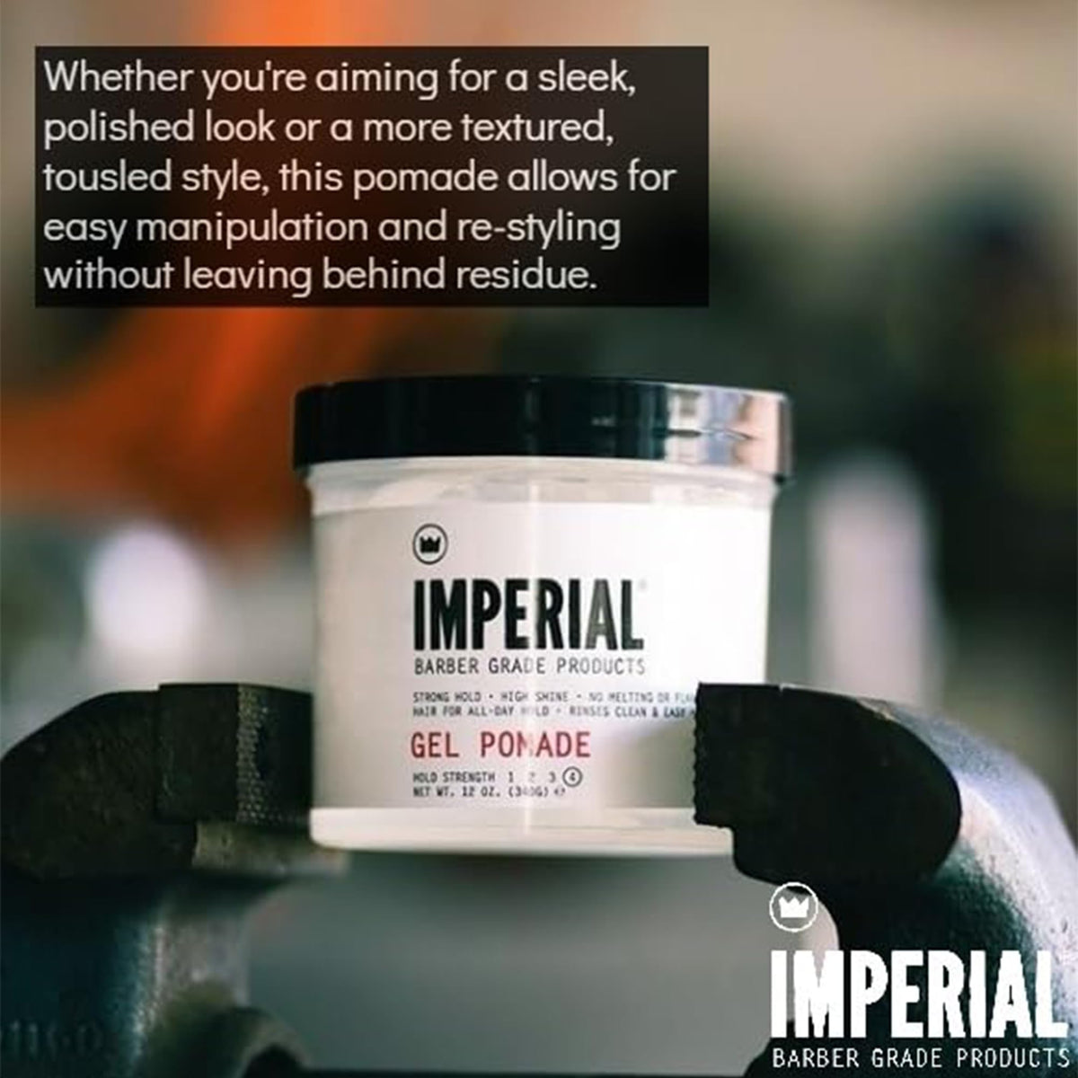 Imperial Barber Gel Pomade in hand demonstrating jar size and easy handling