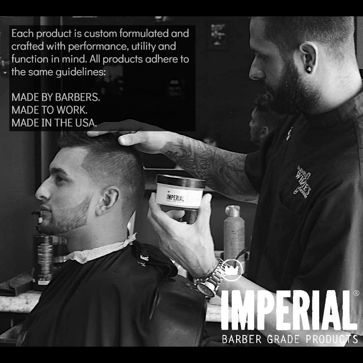 Imperial Barber Grade pomade next to ruler showing 4 oz scale and travel-friendly benefit