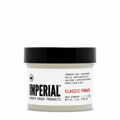 Imperial Barber Classic Pomade 2 oz jar front view showing compact travel-ready design and strong hold benefit