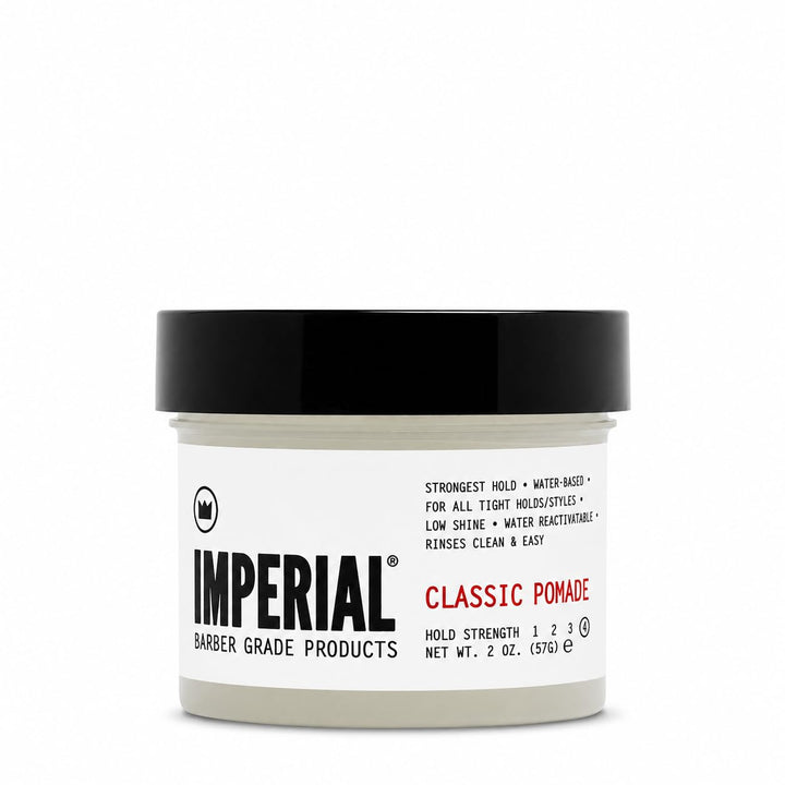Imperial Barber Classic Pomade 2 oz jar front view showing compact travel-ready design and strong hold benefit