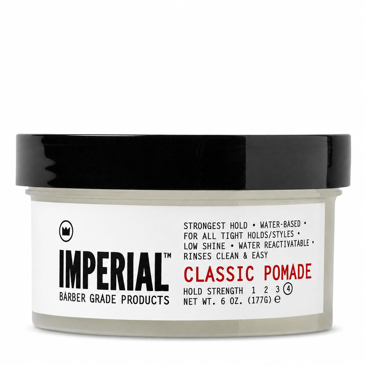 Imperial Barber Grade Products front tin showing branding and strong hold benefits