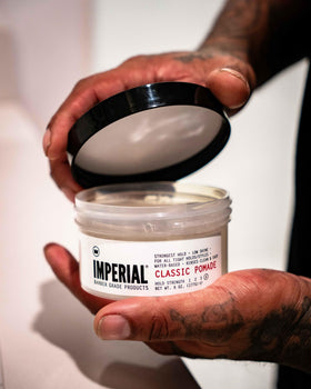 Imperial Barber Grade Products styled side part demonstrating low-shine polished finish