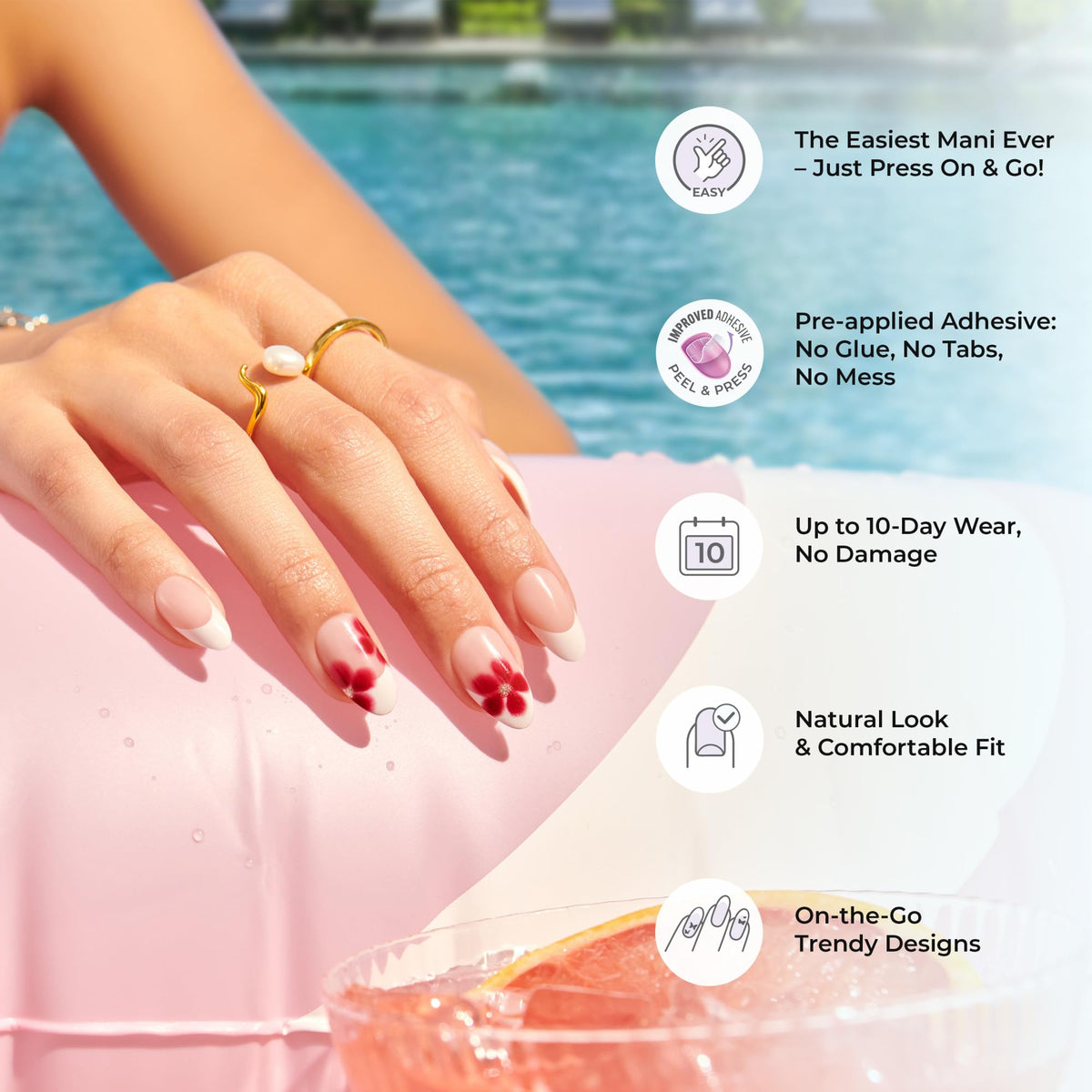 imPRESS applied on hand in daylight showing polished beach-ready manicure