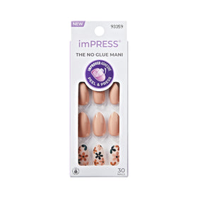 imPRESS front packaging showing beige almond nails and included tools for quick application