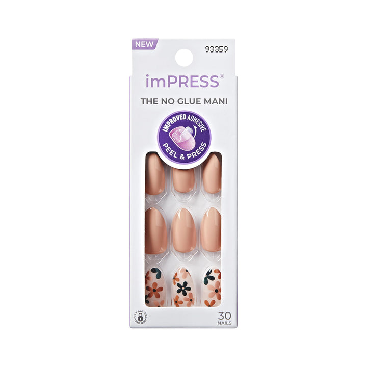 imPRESS front packaging showing beige almond nails and included tools for quick application