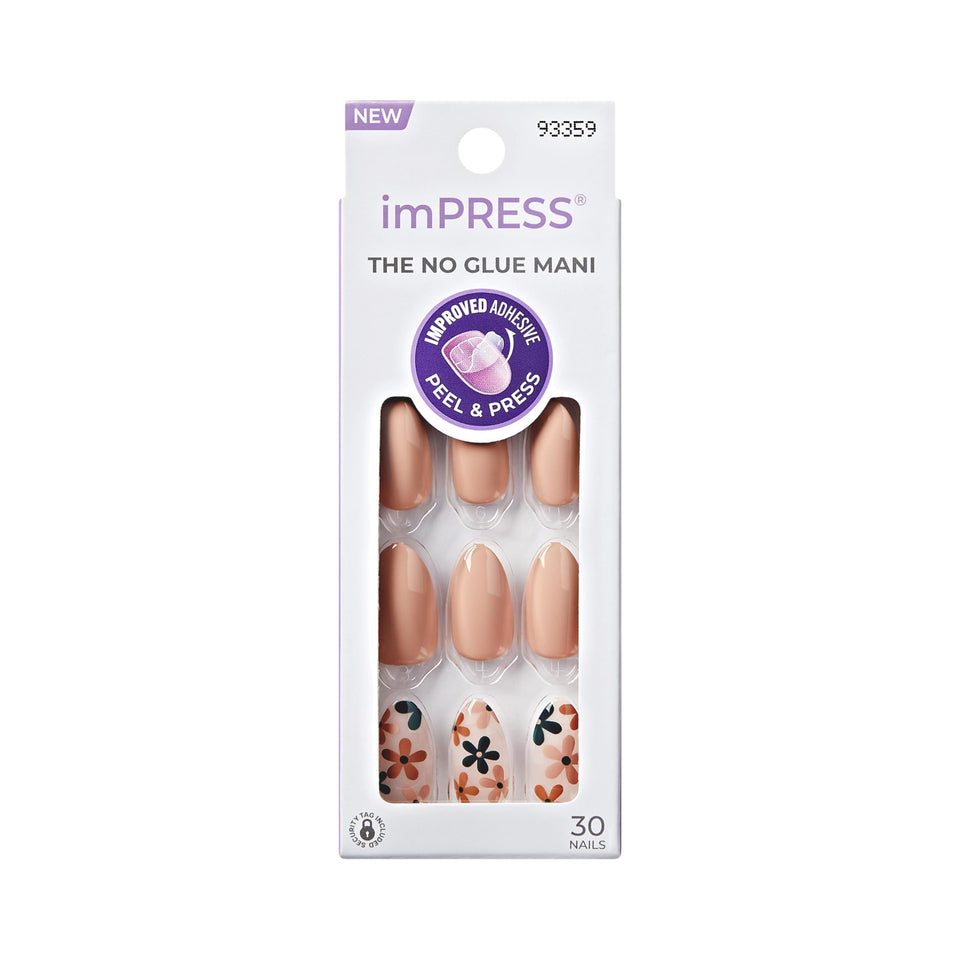 imPRESS front packaging showing beige almond nails and included tools for quick application