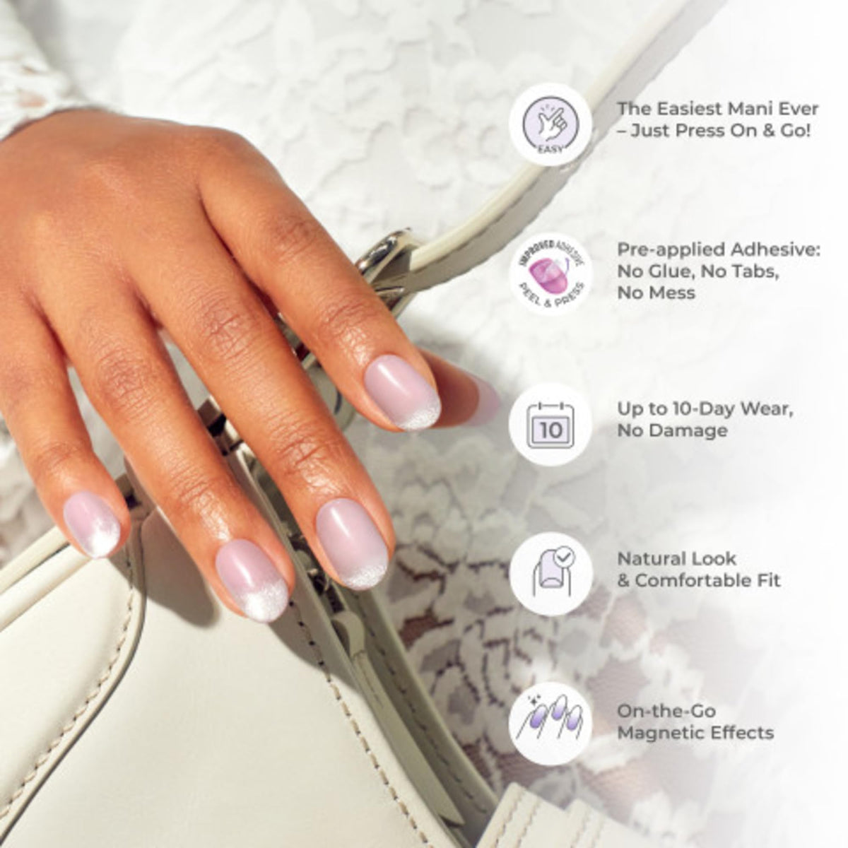 imPRESS application step pressing on nail demonstrating quick no-glue use