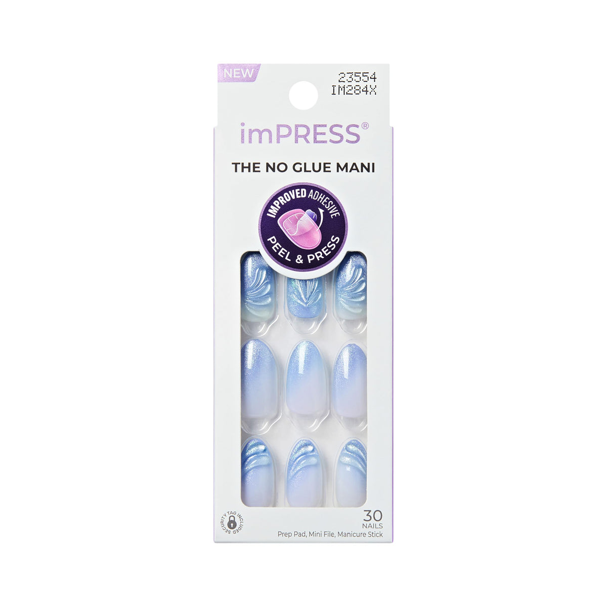 imPRESS front packaging showing 'Ciel' blue almond nails and kit benefits