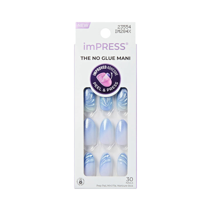 imPRESS front packaging showing 'Ciel' blue almond nails and kit benefits