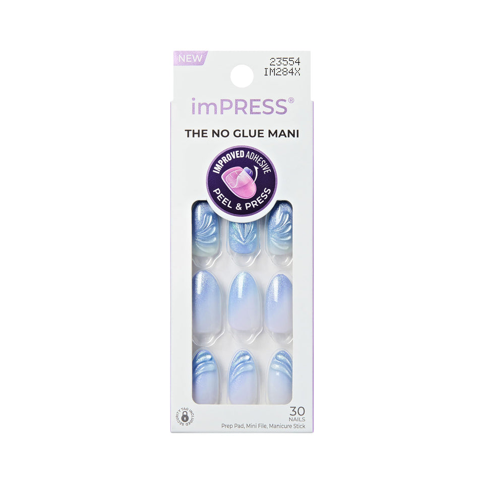 imPRESS front packaging showing 'Ciel' blue almond nails and kit benefits