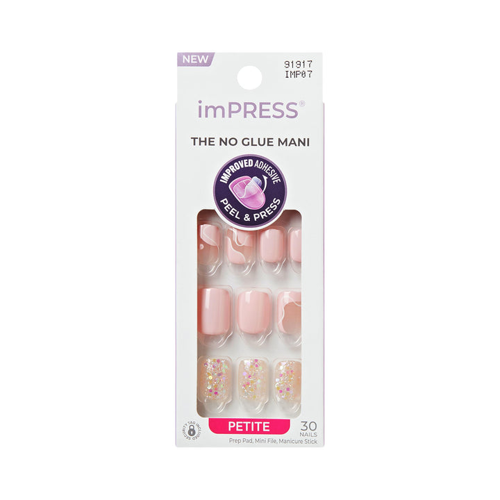imPRESS front packaging showing petite pink squoval nails, ready-to-wear benefit