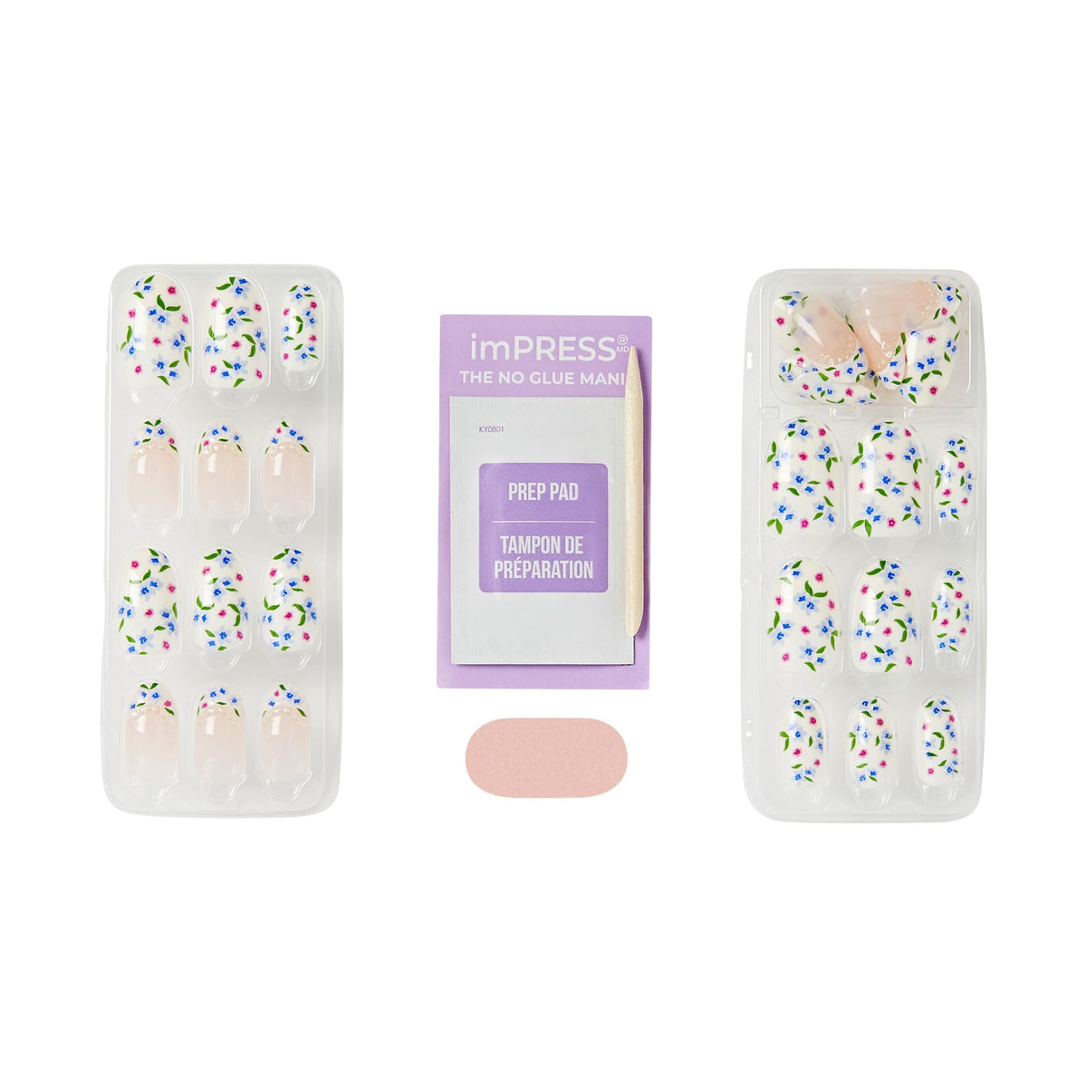 imPRESS kit contents with 30 nails, prep pad, mini file and manicure stick for full at-home set
