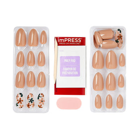 imPRESS kit contents laid out: nails, prep pad, mini file, stick and instructions for at-home use