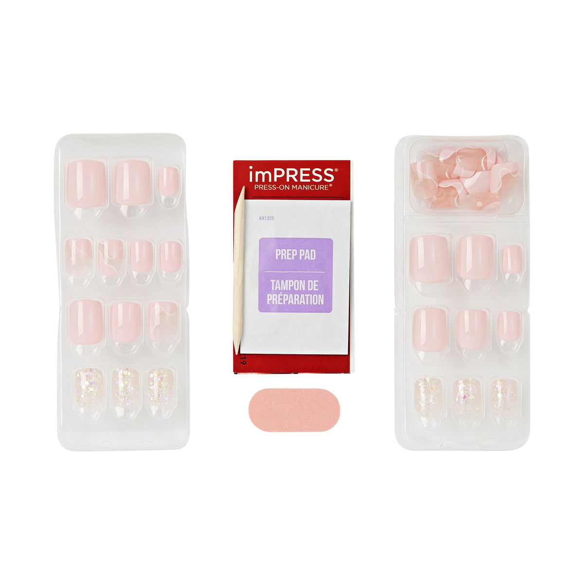 imPRESS kit contents: prep pad, mini file, stick, showing easy-at-home use benefit