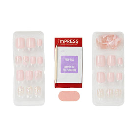 imPRESS kit contents: prep pad, mini file, stick, showing easy-at-home use benefit