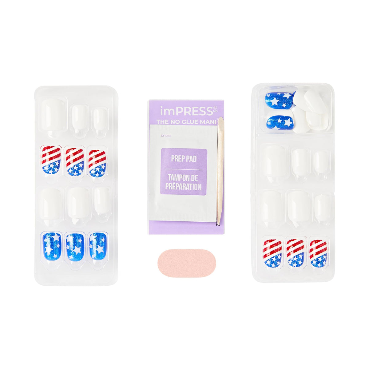 imPRESS open kit revealing 30 nails, prep pad, mini file, and manicure stick