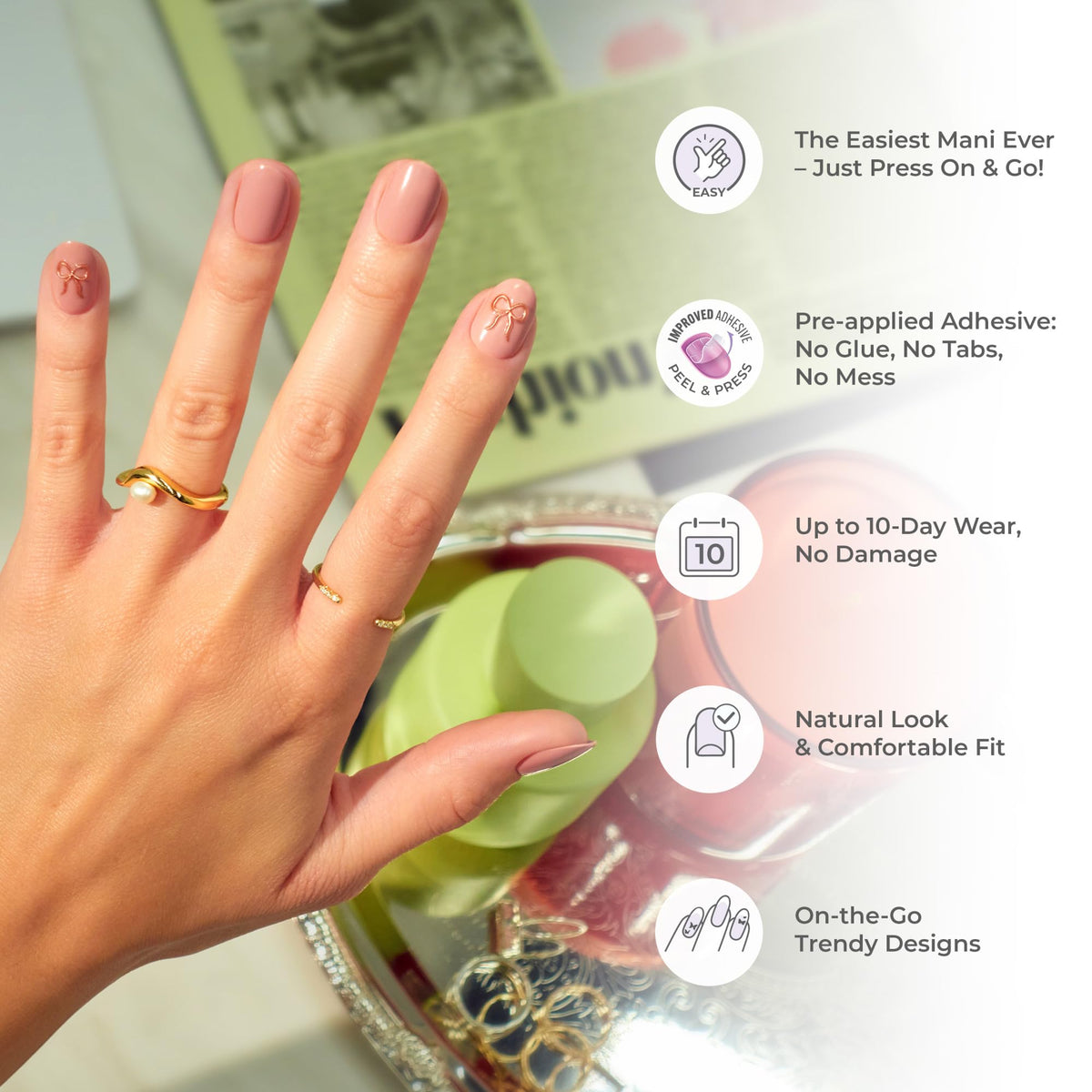 imPRESS worn manicure on hand in lifestyle setting illustrating polished look