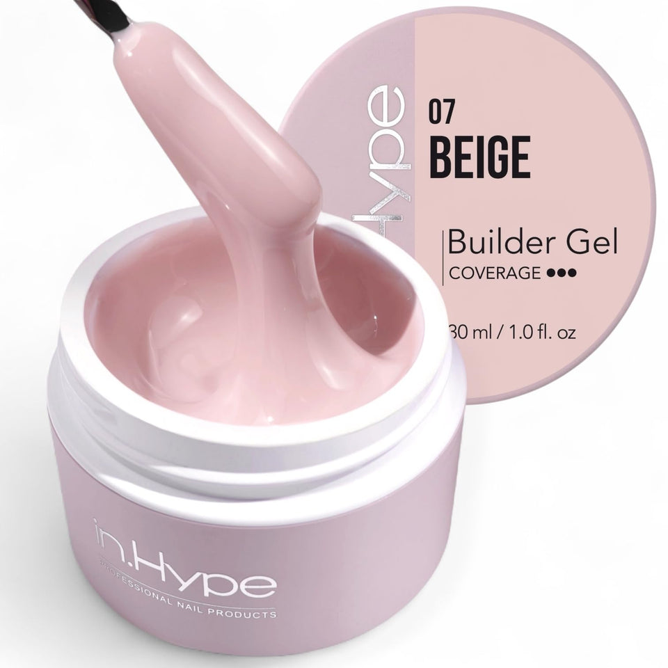 IN.HYPE front bottle showing label and beige gel, clear professional packaging benefit