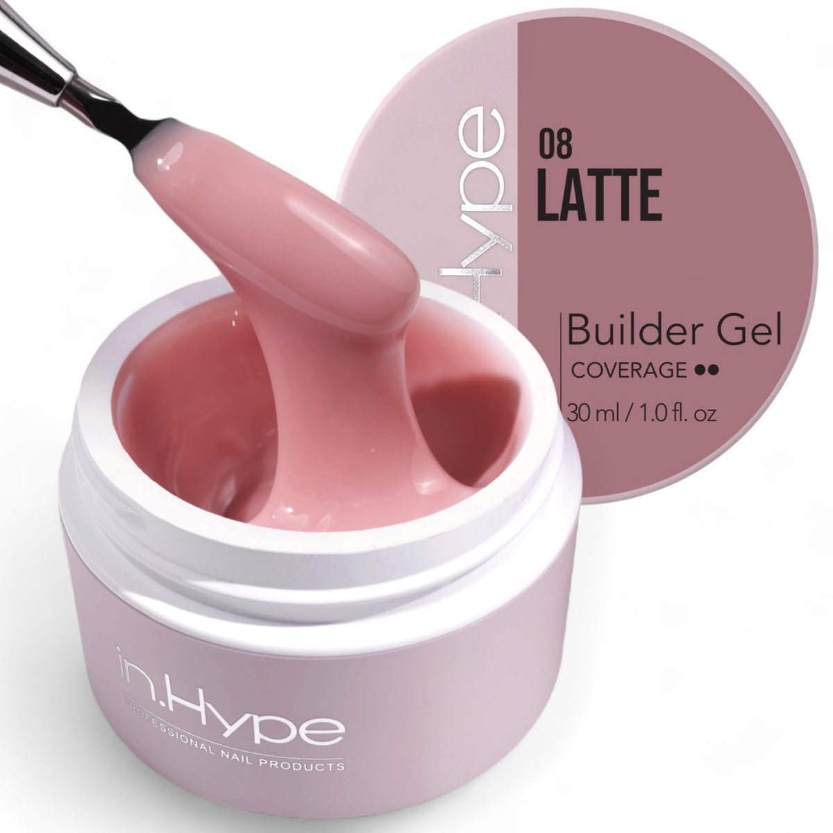 IN.HYPE jar front view showing Latte #10 shade and clear labeling for easy selection