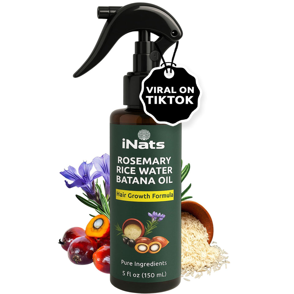 iNats front packaging showing rosemary and rice water benefits