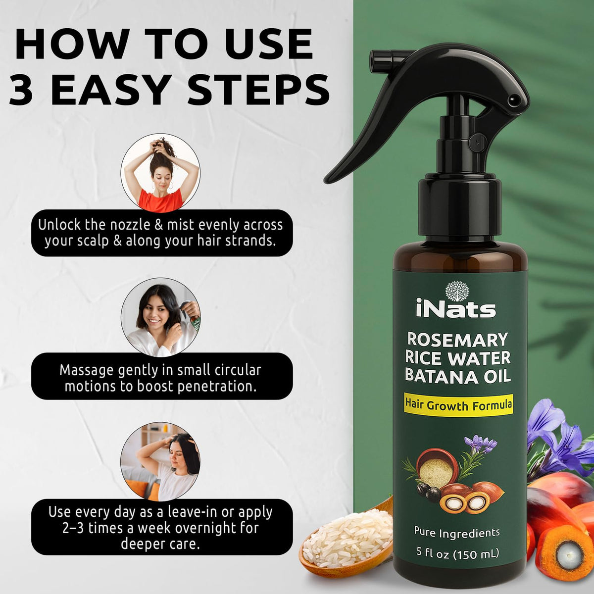 iNats woman spraying scalp demonstrating daily application ease