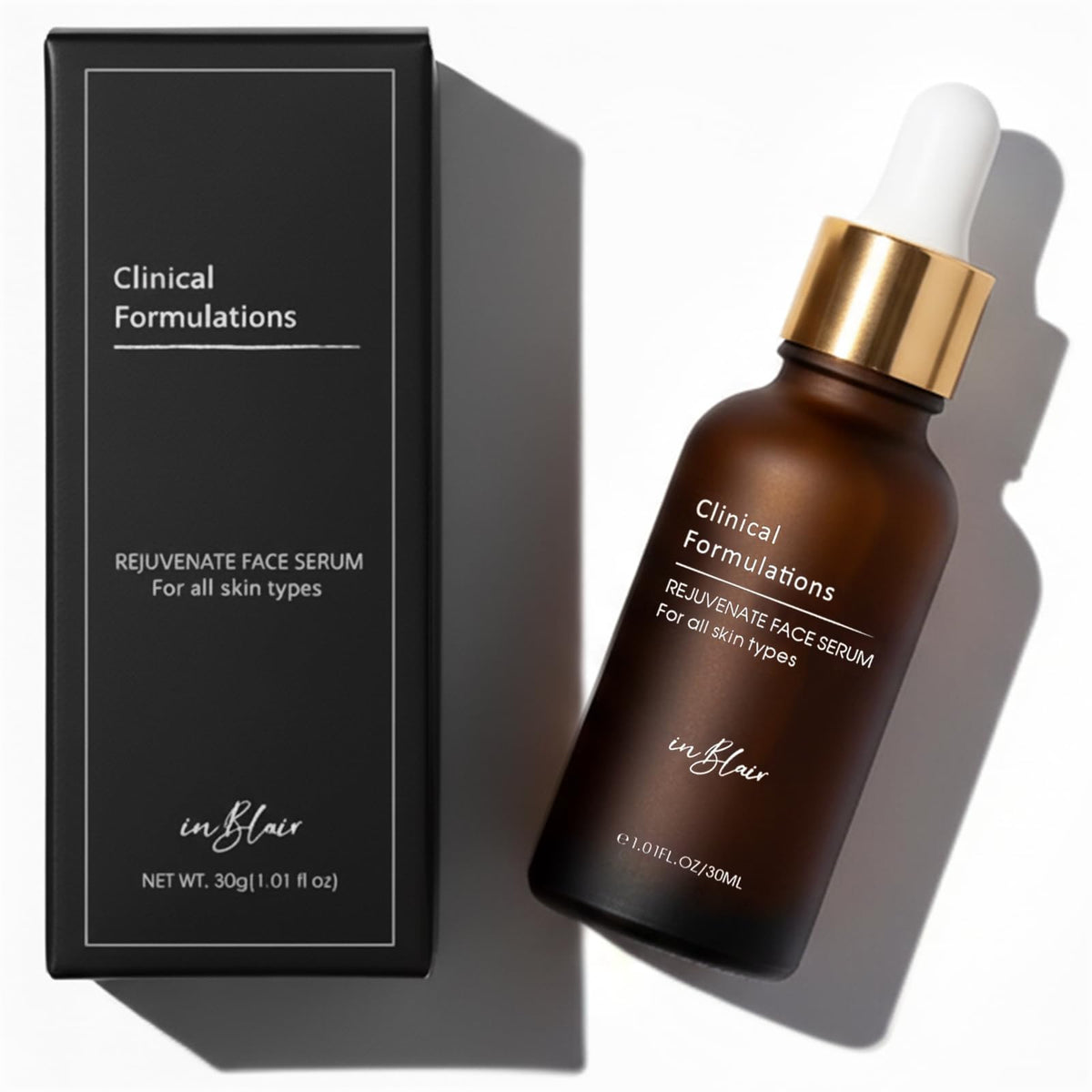 Inblair front packaging showing clean serum bottle and benefits