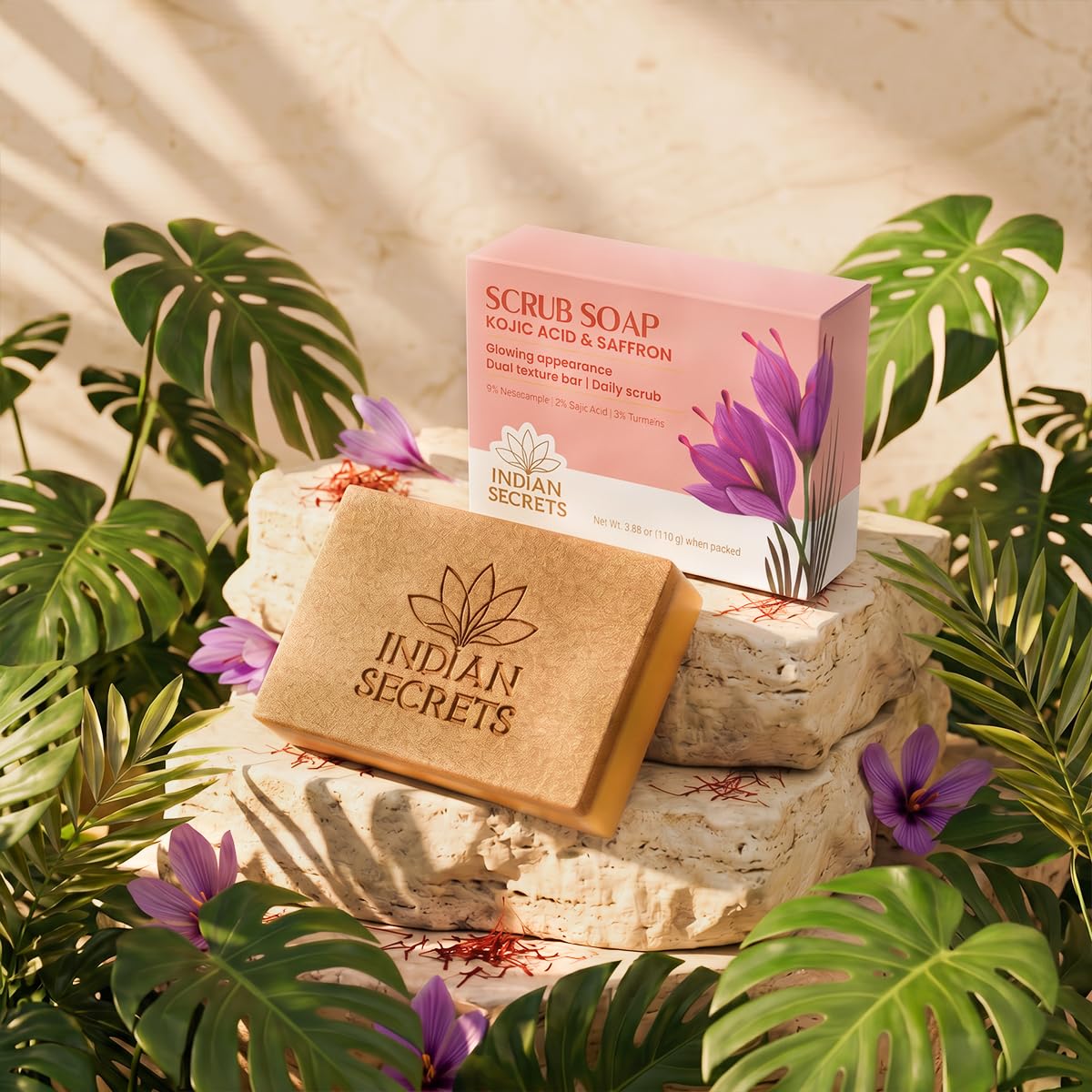 INDIAN SECRETS soap on bathroom shelf styling for daily skincare routine