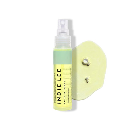 Indie Lee travel toner front packaging showing compact 30ml bottle and label benefit