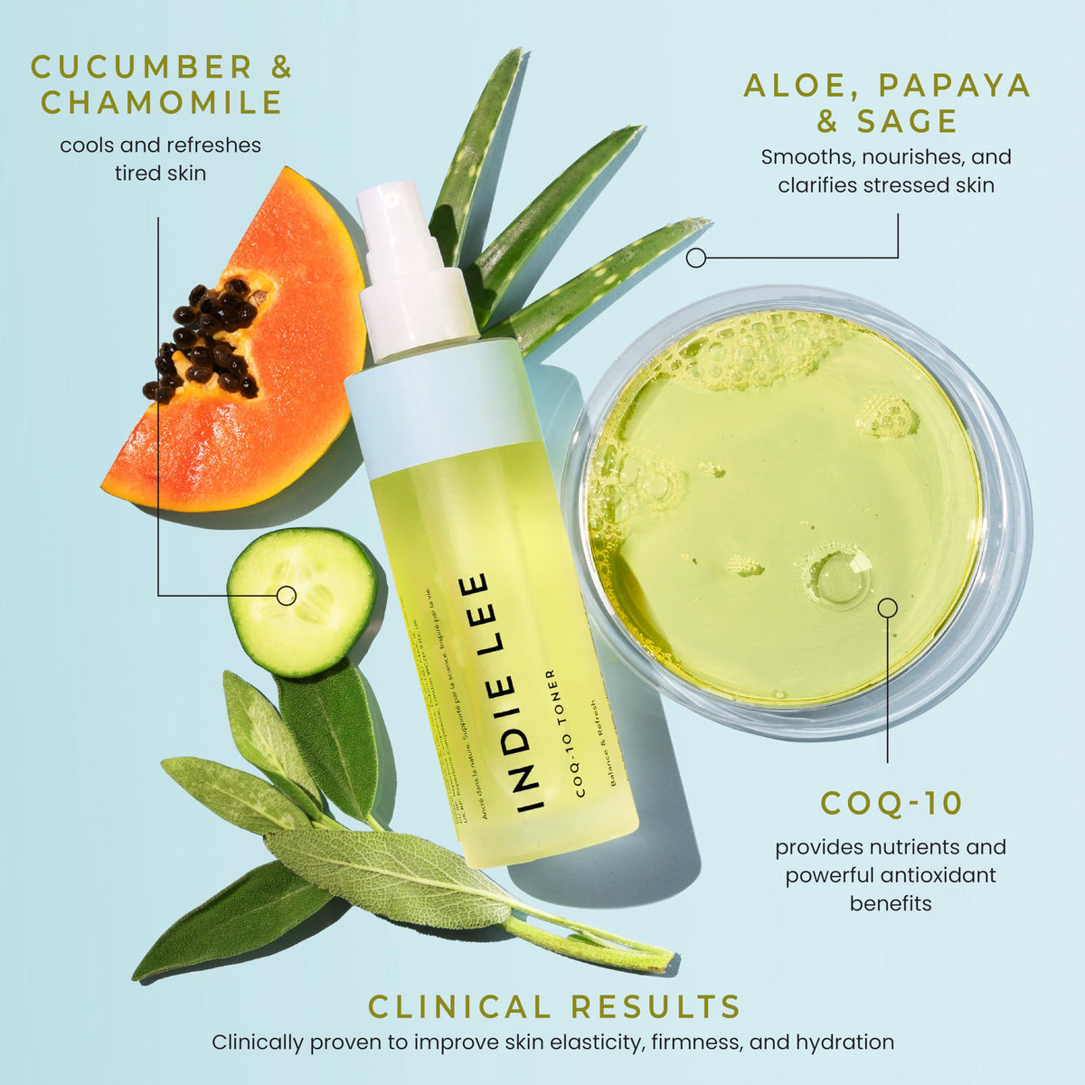 Indie Lee ingredients display with chamomile cucumber and aloe emphasizing calming antioxidants