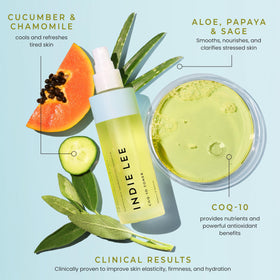 Indie Lee ingredients display with chamomile cucumber and aloe emphasizing calming antioxidants