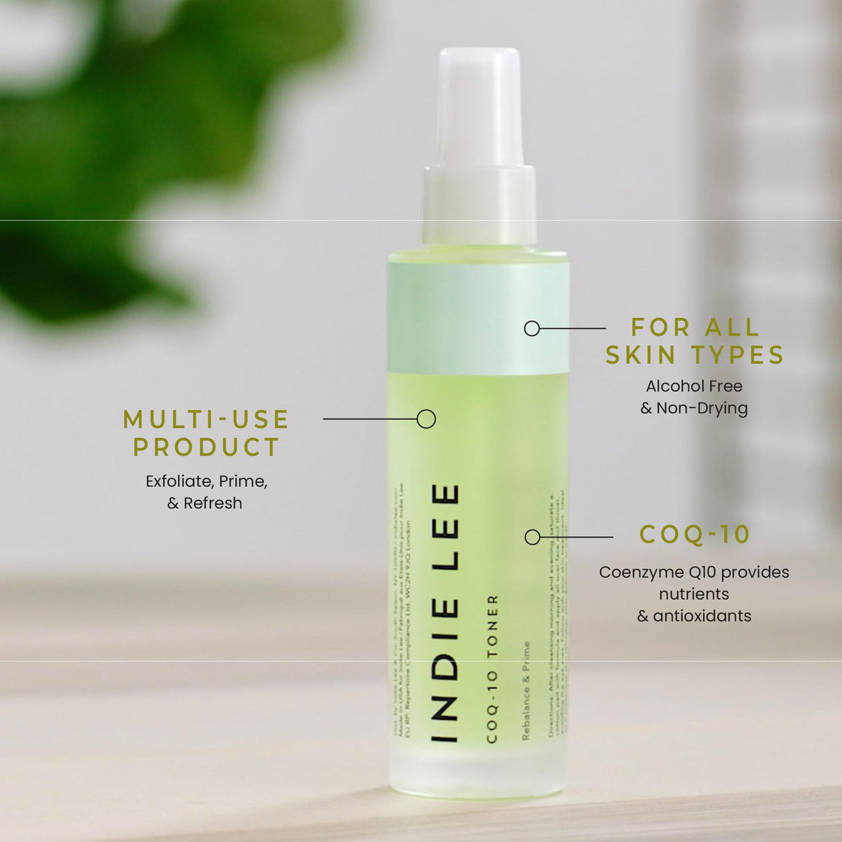 Indie Lee mist spray texture close-up demonstrating fine hydrating mist for quick refresh