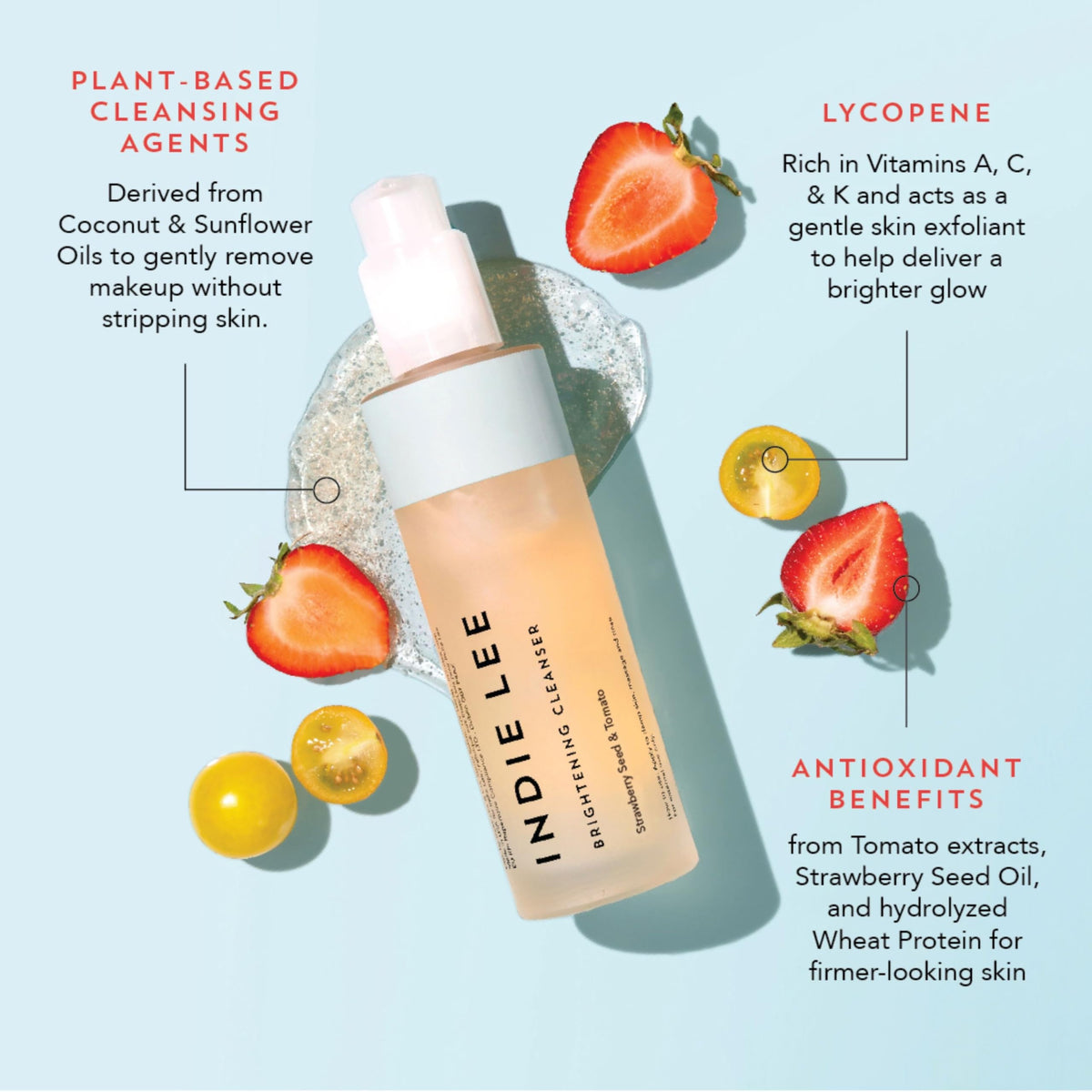 Indie Lee gel texture close-up showing smooth strawberry-colored formula and hydration